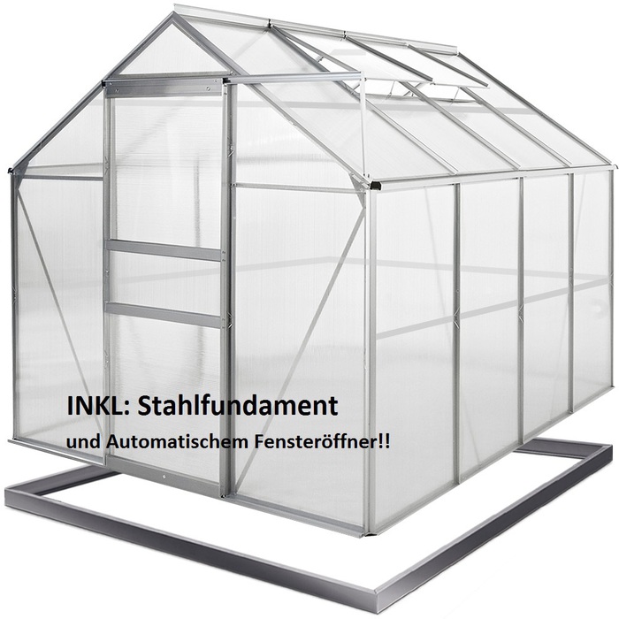 ALU Gewächshaus 7,6m³ Dachfenstern Regenrinne Fundament KMC